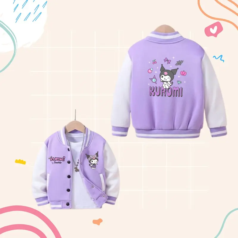 Fashion Jaket Anak Perempuan KUROMI dengan Desain Varsity dan Bahan Fleece Baseball untuk Usia 3-12 Tahun 0