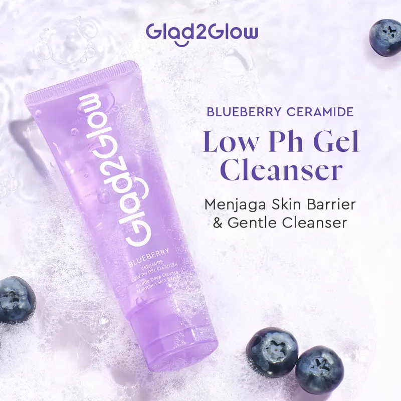 Glad2Glow Blueberry Cleanser Ceramide Low pH Gel 70ml | Face Wash Facial Cleanser Sabun Cuci Muka Pembersih Pencuci Muka Kotoran Membersihkan Berjerawat Kering Wajah Mencerahkan barrer centella 5X Ceramides 6