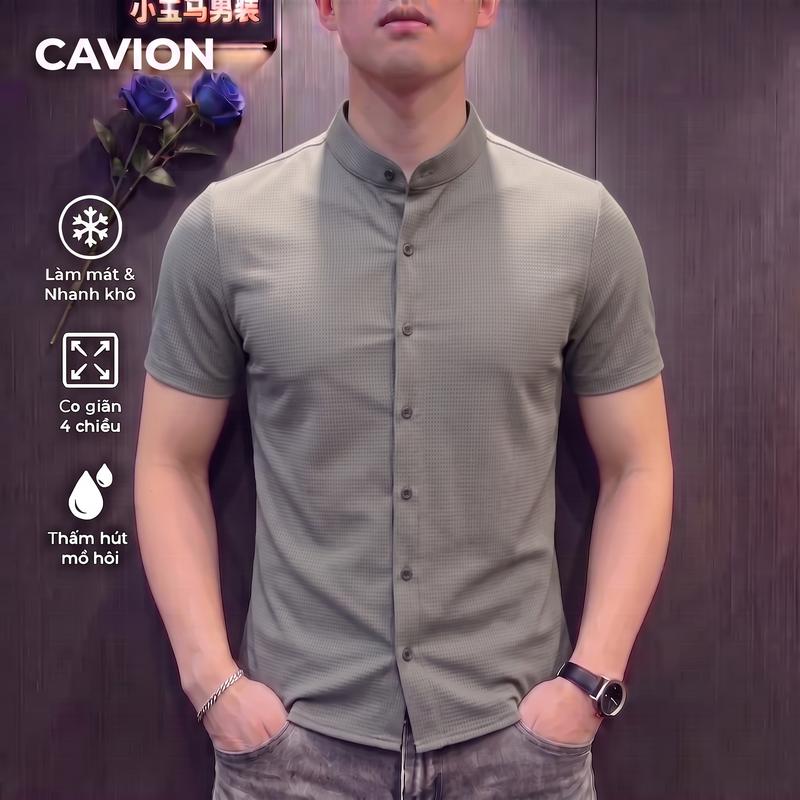 Áo Sơ Mi Nam Cổ Trụ Tay Ngắn Form Slim Fit Ôm Body Vải Gân Co Giãn Thoáng Mát…