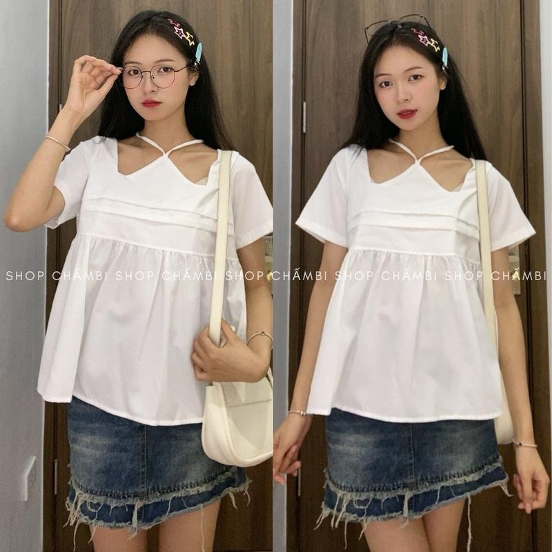 XẢ HÀNG Áo sơ mi nữ A.601 Áo sơ mi dáng babydoll cổ yếm tay ngắn xếp ly ngang ngực phong cách dễ thương - Shop Chấm Bi