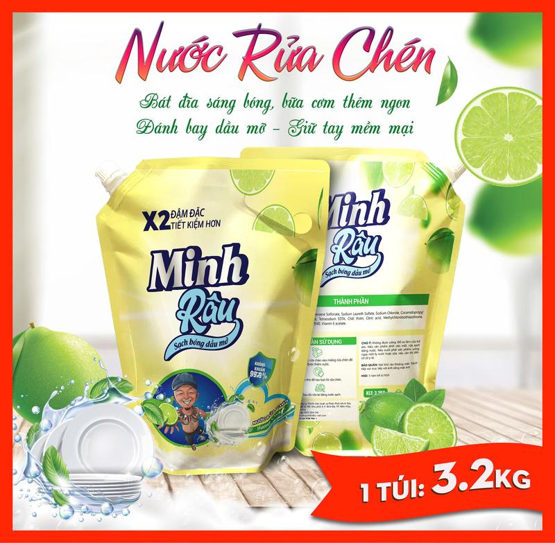 Combo 2 túi TỔNG NHẬN 6.4KG Nước Rửa Chén Minh Râu Hương Chanh X2 Đậm Đặc 3.2Kg 1 Túi hương thơm dịu nhẹ khử sạch dầu mỡ mềm mịn da tay.