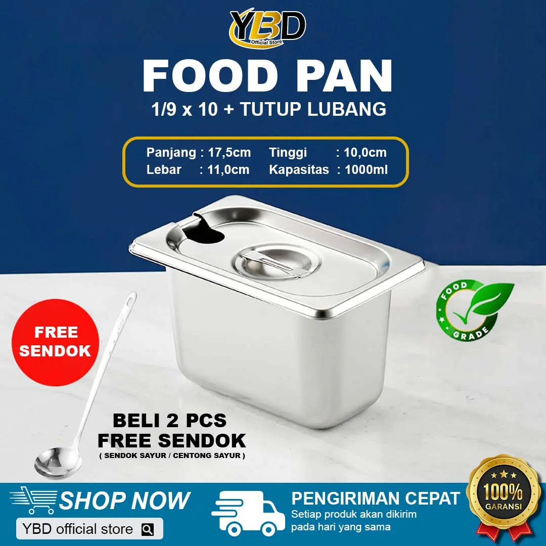YBD - Wadah Makanan Stainless + Tutup Lubang 1/9 x 10 (176 x 108 x 100 mm) | Free Centong minimal pembelian 2pcs | Foodpan Stainlees satu set wadah dan tutup | Food pan prasmanan Stainless ukuran 1/9 Besi Buah Dapur