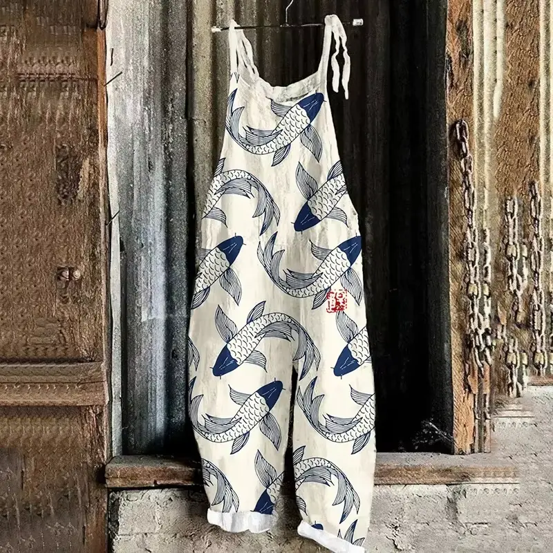 2024 New Fashionable Trendy Women's Retro Street Loose and Comfortable jumpsuit Sweet and Cute Fish Pattern 3D Printed Strap jumpsuit Strap pants Women's Large Size S-5XL