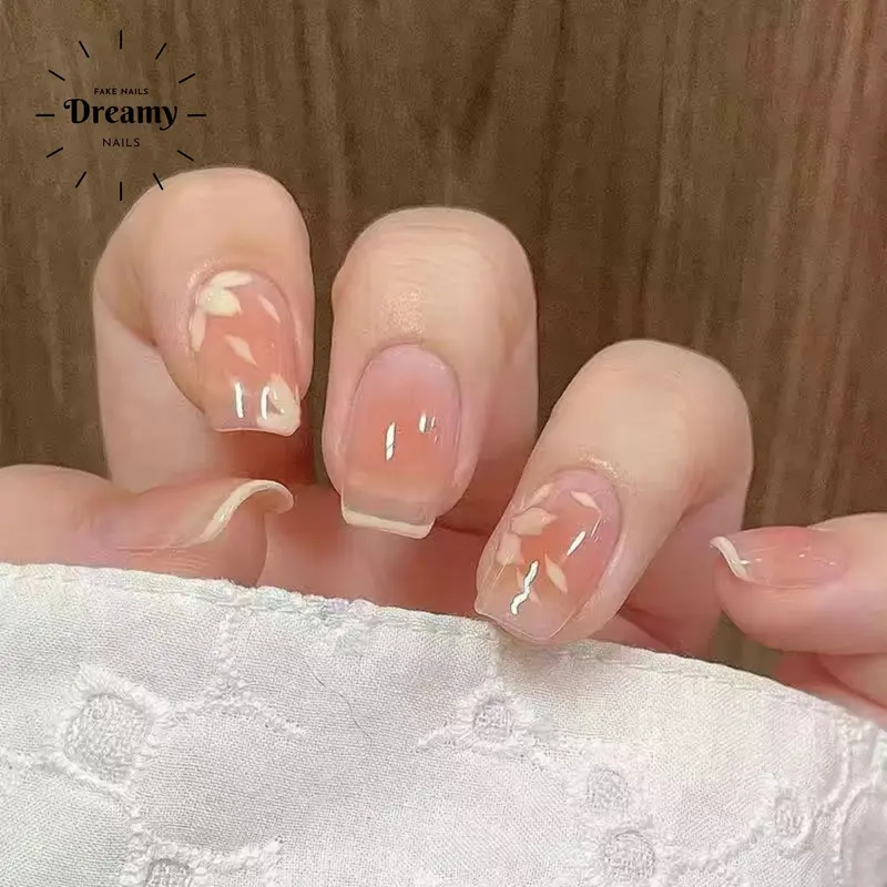 R843  DREAMYNAILS KUKU PALSU 2D 24PCS + R843 Falling Flowers cherry blossom blush French 2