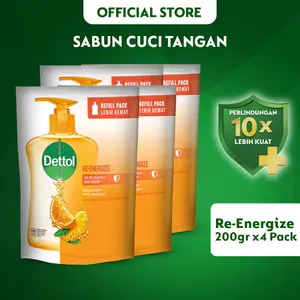 Dettol Sabun Cuci Tangan Re-Energize Anti Bakteri Pouch 200ml x 4 Pcs - Hand Wash