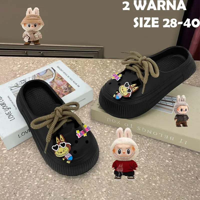 Sepatu Sandal Wanita Baim Sendal jibbitz Sandal DIY Sepatu Wedges sandal kodok Sandal Sepatu Karet Tali Wanita Baim Selop Jibbitz 3D Labubu Anti Slip 0