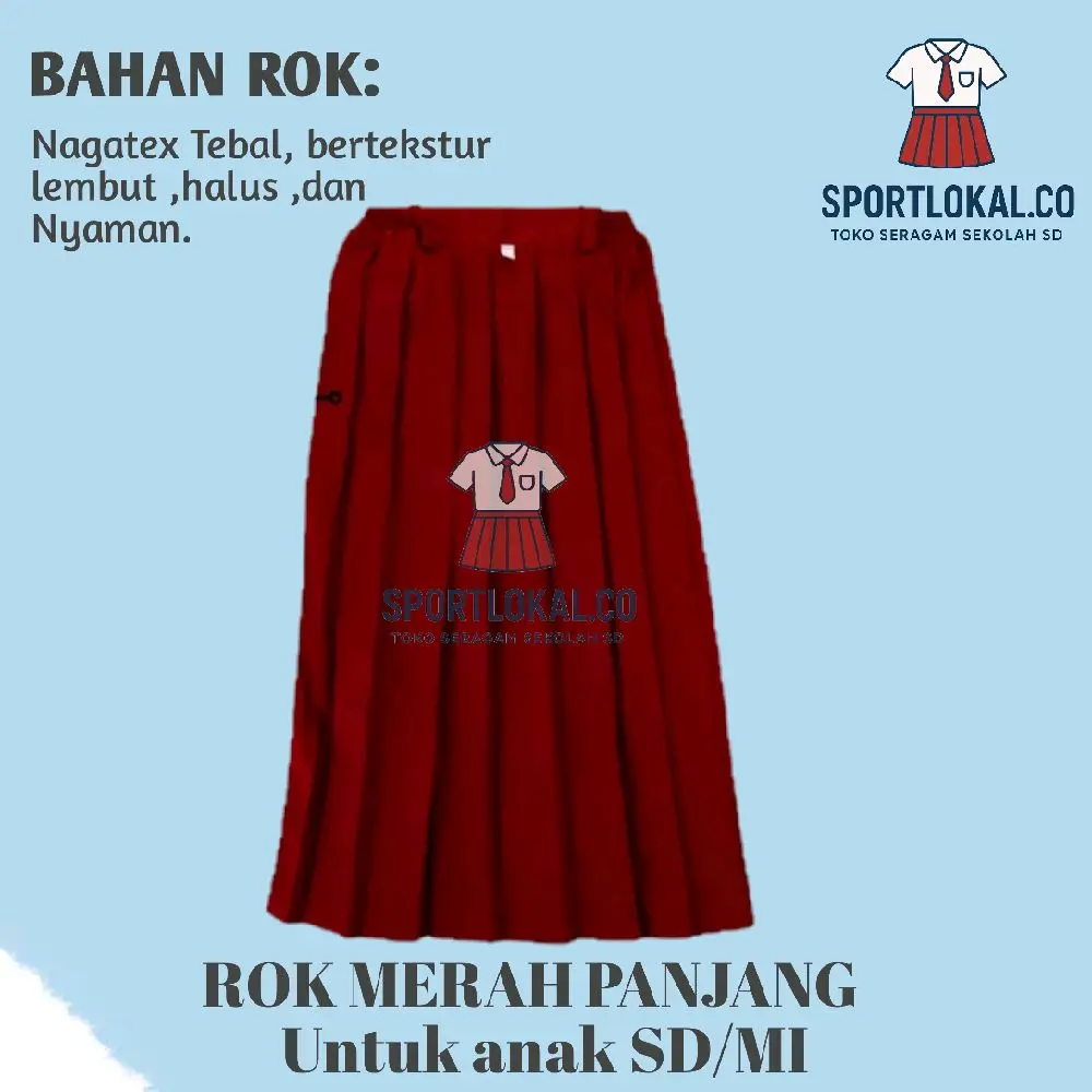Rok Rempel Merah SD Panjang Bahan katun Nagatex Premium – Tebal Murah Nyaman Elastis untuk anak Usia 5–13 Tahun Fashion