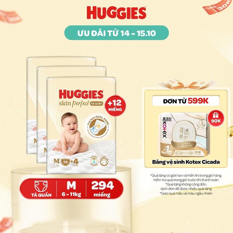 Combo 3 gói Tã quần Huggies Skin Perfect Mega Jumbo với 2 vùng thấm giảm kích ứng da Size M 98+4/L 88+4/XL 72+4/XXL 64+4 [Bao bì thay đổi theo tùy đợt nhập hàng]