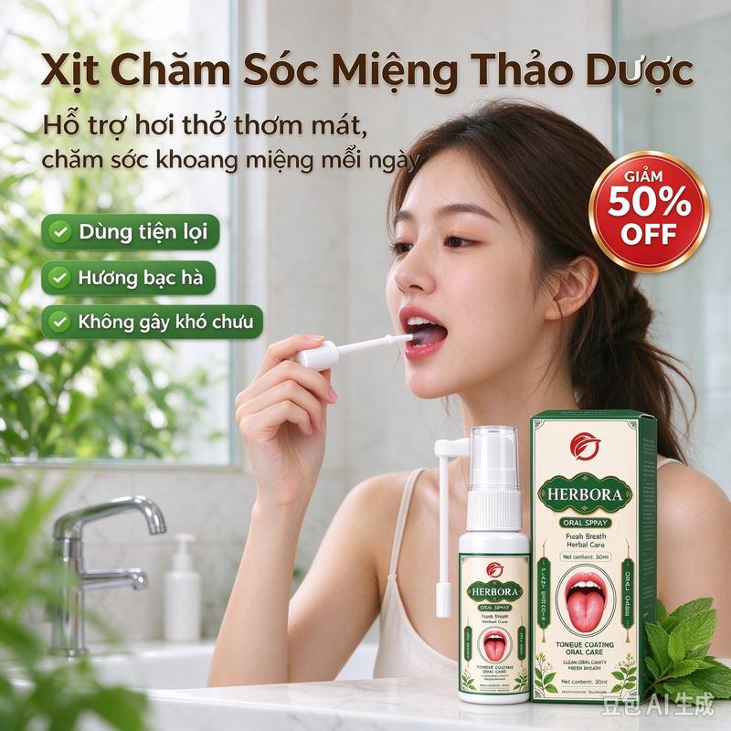 GIẢM 50% Xịt chăm sóc khoang miệng HERBORA chiết xuất bạc hà cam thảo, không cồn, vòi xịt dài tiện dùng, làm mới hơi thở tức thì, nhỏ gọn mang theo mọi lúc!