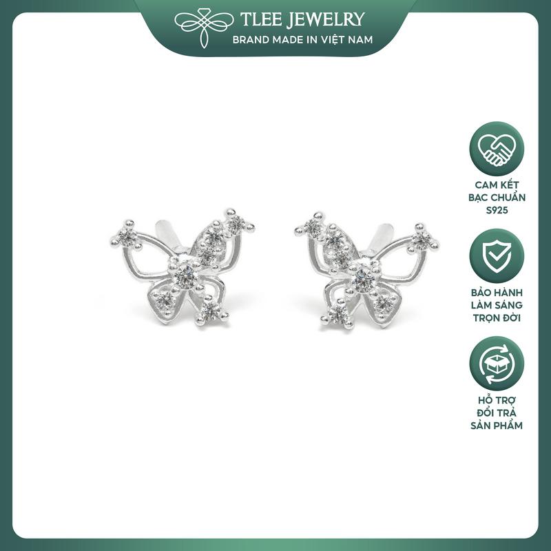 Khuyên tai bạc nữ TLEE hồ điệp nhí cánh đính đá đối xứng điểm hạt đá nhỏ xinh xắn điệu đà TLEE JEWELRY B0633