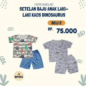 BEETUVI - Paket Hemat 75 Ribu Dapat 2 Setelan Baju Harian Anak Laki-Laki 3-8 Tahun One Set Dino Full Print dan Dino Transparan - Beli 2 75K