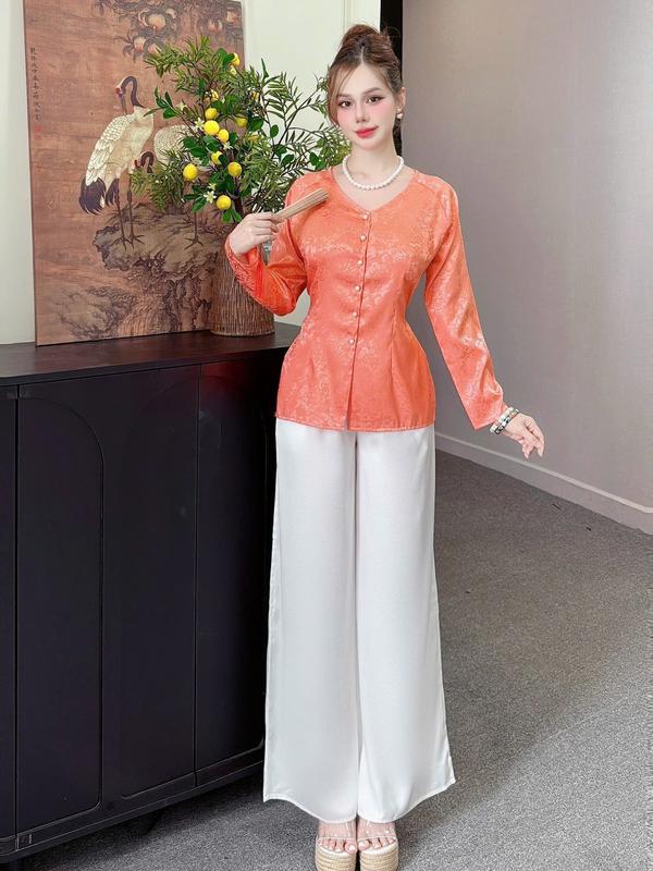 ANH MỸ - Set Bộ Bà Ba Nữ Cổ Tim Tay Dài Chất Liệu Gấm ,  Quần Latin SP0336 Size M/L/XL