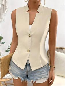 Blazer tipo chaleco de color sólido para mujer con cuello con muesca y frente con botones, chaleco casual sin mangas para trabajo y oficina, ropa de damas para todas las estaciones