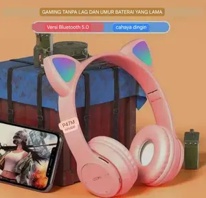 Headset Bluethooth  P47M Model Telinga Kucing LED Wireless Headphone Bando