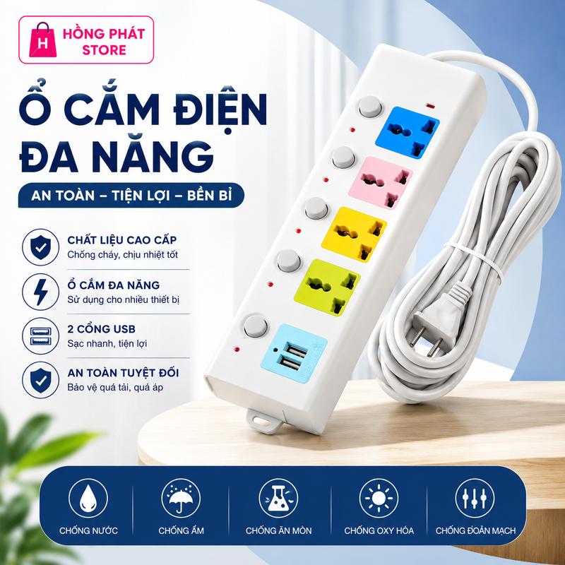 Ổ Cắm Điện Đa Năng Cao Cấp Chống Giật Dây Dài 4m, 2 Cổng Cắm USB Có Chốt An…