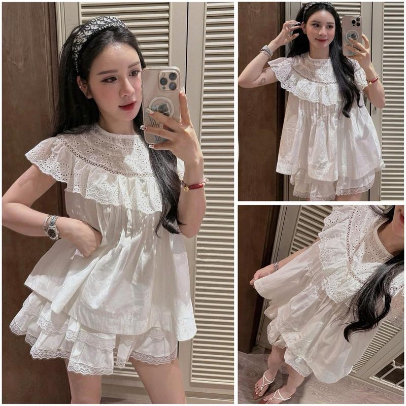 [ Xả Kho ] Sét Bộ Áo Tiểu Thư Mix Cổ Bèo Dáng Babydol Kèm Chân Váy Tầng Xoè Viền Ren Xinh Xắn