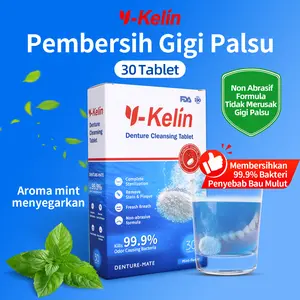 Y-Kelin PEMBERSIH GIGI PALSU 30 Tablet Anti Bakteri Non Abrasif Formula Mint Aroma Menyegarkan FDA ISO 99.9% Bakteri Penyebab Bau Mulut
