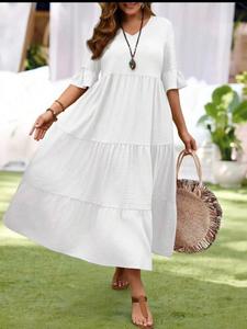 Vestido midi de talla grande para mujer con cuello en V, mangas campana plisadas, vestido largo fluido con capas, vestido casual y holgado para playa y vacaciones, uso diario