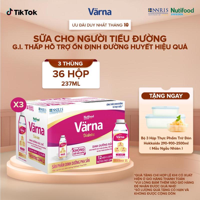 Combo 3 thùng 12 Sữa Bột Pha Sẵn Varna Diabetes - Hỗ Trợ Ổn Định Đường Huyết (36 hộp x 237ml)