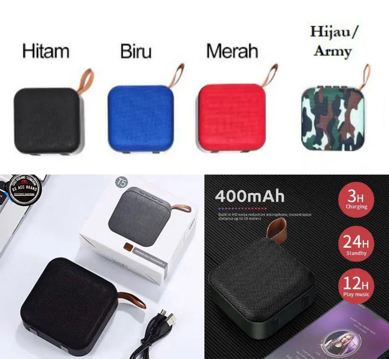 Hijau Army Speaker Bluetooth Portable T5 Wireless Speaker Termura SPEAKER T5 SUPER BASS Wireless box music Kotak Portable Mini Support USB Micro SD full Bass Merah  Hitam Handphone Subwoofer Speker 0