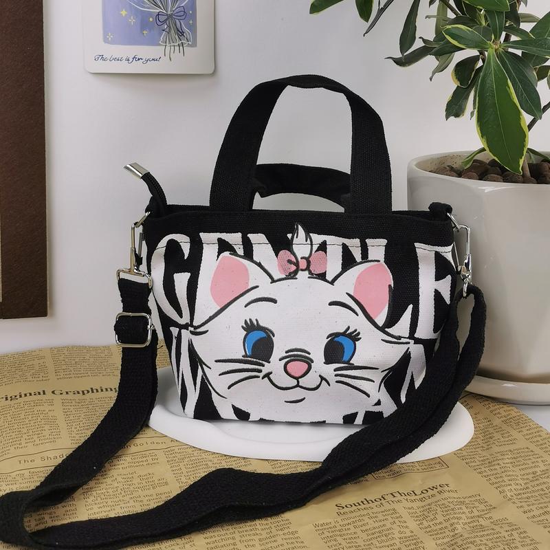 Product Introduction of GENTLEWOMAN Soft women sling bag, Thai cute cat design, zipper closure, 2 colors available (white and black), made of canvas, suitable for women 7