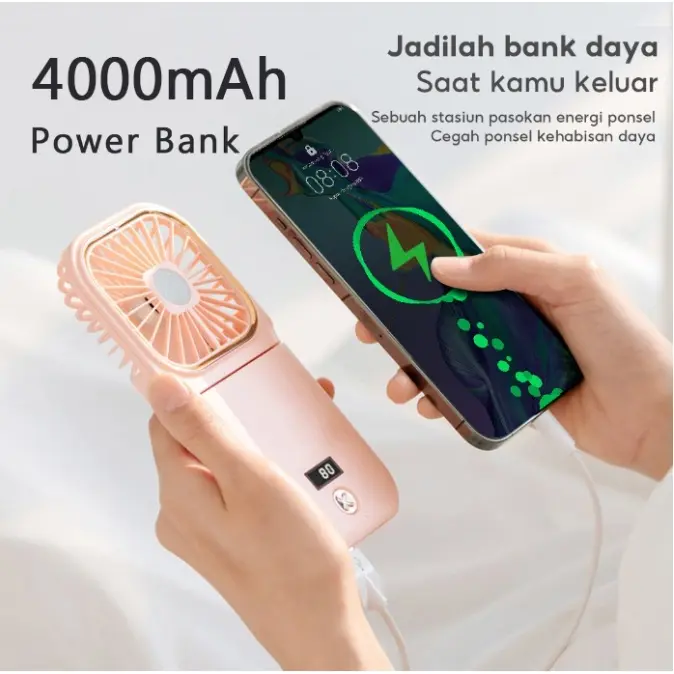 Kipas Angin Portable Mini LED display Model Gantung Leher Plus Powerbank / Kipas Mini / Kipas Angin Portable Mini USB Lipat Dudukan Ponsel Dan Powerbank 4000mAh Baterai Tahan Lama Cocok Untuk Kantor Sekolah Olahraga Luar Ruangan / Kipas Angin USB 2