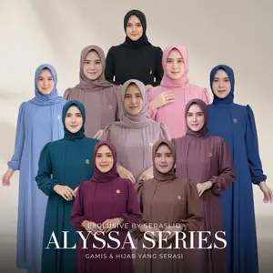 ALYSSA DRESS SET HIJAB Gamis Muslim Lebaran Syari Pengajian Bahan Ceruty Babydoll Premium Full Puring Mewah Elegan Pesta Formal Simple Casual Lembut Cantik
