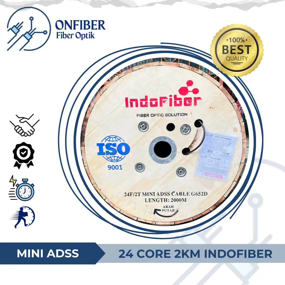 KU 24 Core 2 Tube Mini ADSS merk Indofiber | Kabel Mini ADSS 24Core 2Tube Span 100 G652D INDOFIBER
