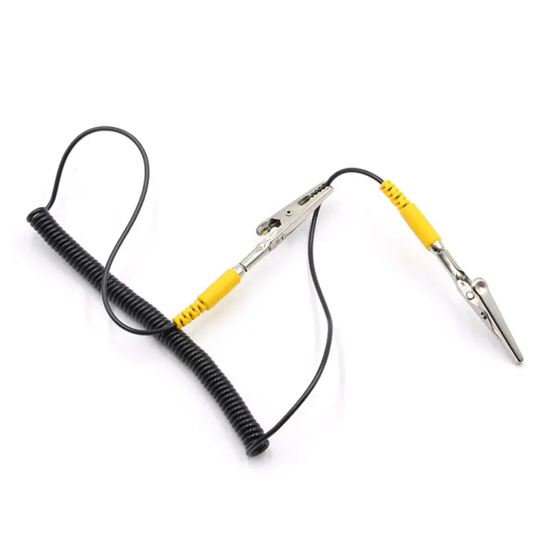 Cáp nối đất chống tĩnh điện PU, Dây Cuộn Dây 2mm 180cm / 71 ", Dây dài, Polyurethane, Màu đen, với kẹp cá sấu đôi, Kiểu móng vuốt 6