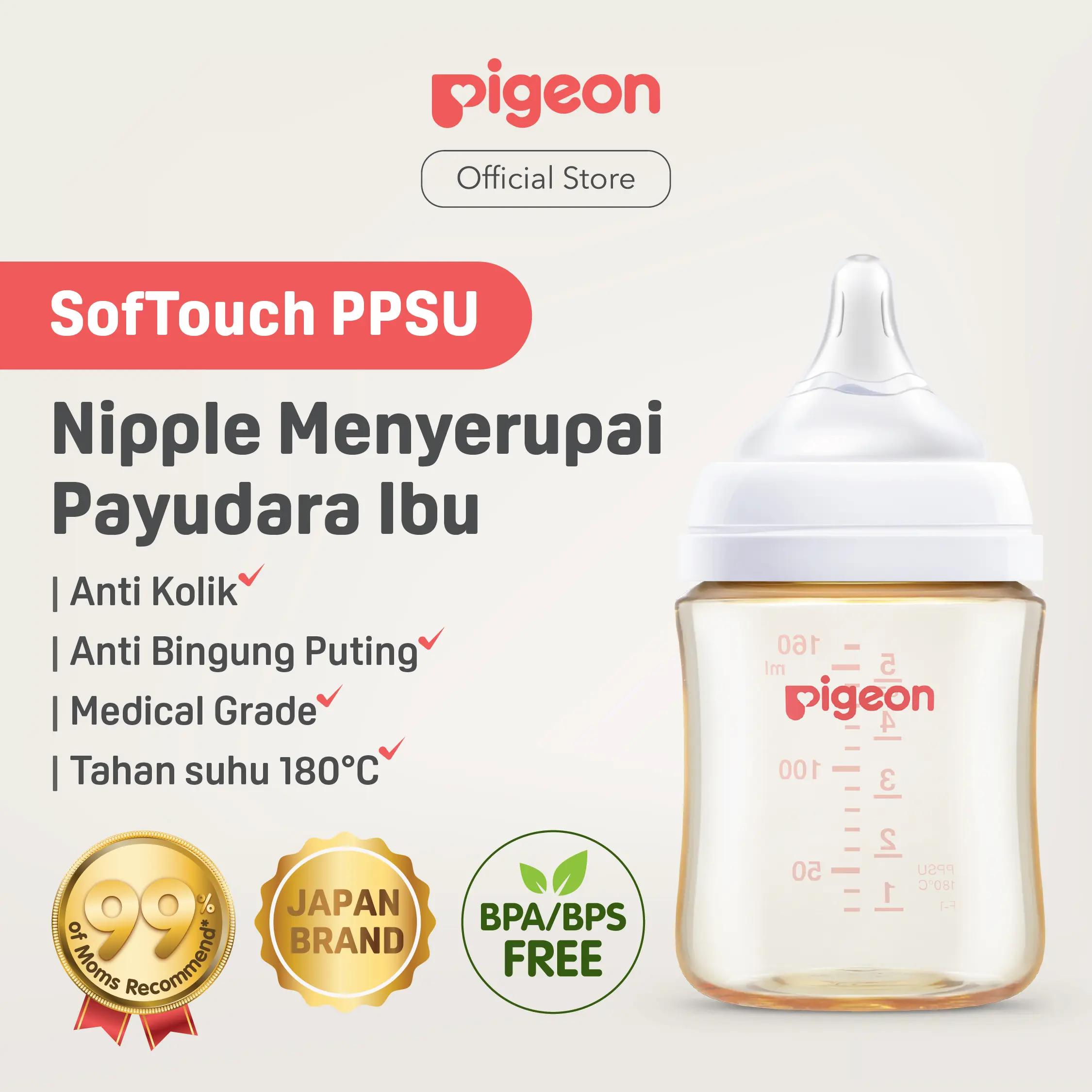 PIGEON Botol PPSU Wide Neck 160ml w/SofTouch Nipple | Botol Susu Bayi & Anak | Botol Susu Newborn | Medical Grade | Tahan Hingga Suhu 180 C | Anti Kolik | BPA BPS FREE | Dot Seperti Payudara Ibu | Nipple Dot Lembut & Elastis | Nipple Dot Size SS