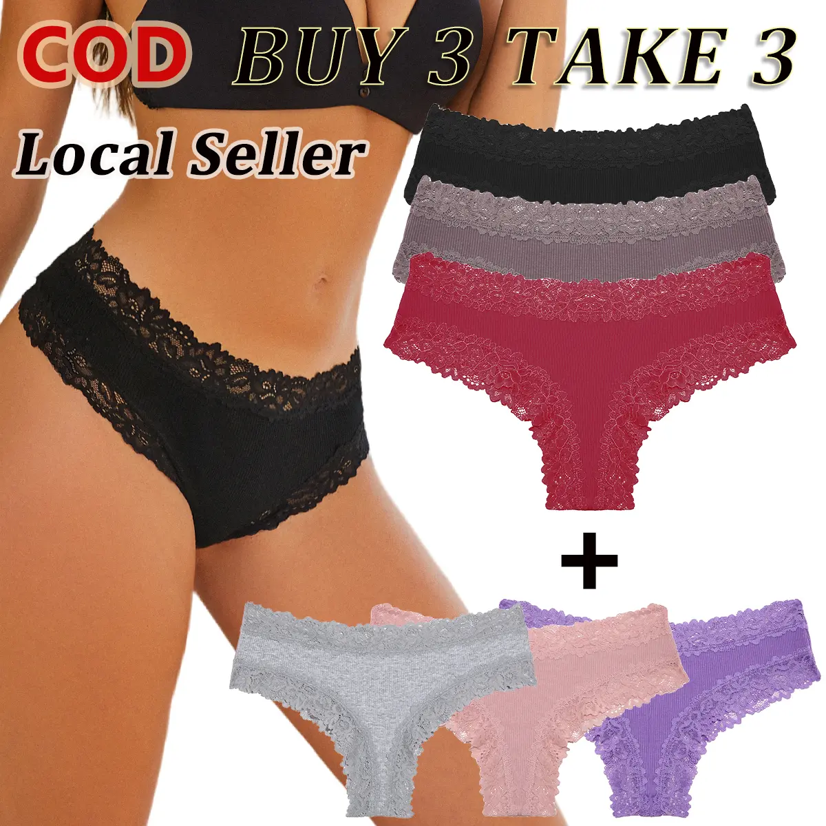 BUY 3 TAKE 3 FINETOO High Quality Cotton Panties Sexy Low Waist  Lace Bikini Underwear Comfortable Ladies Lingerie S-XL COD