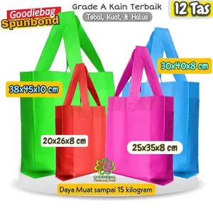 Lusinan isi 12 Tas kain Spunbond Goodiebag Uk 20x26x8 , 25x35x10 , 30x40x10 , 38x45x12 Kantong Sembako , Laundry , Bingkisan Hajatan , Pesta Ultah Ulang Tahun , Hantaran , hampers , Berkat Sedekahan Nasi Kotak Besek Tahlil Mika steropom Thinwall Belanja