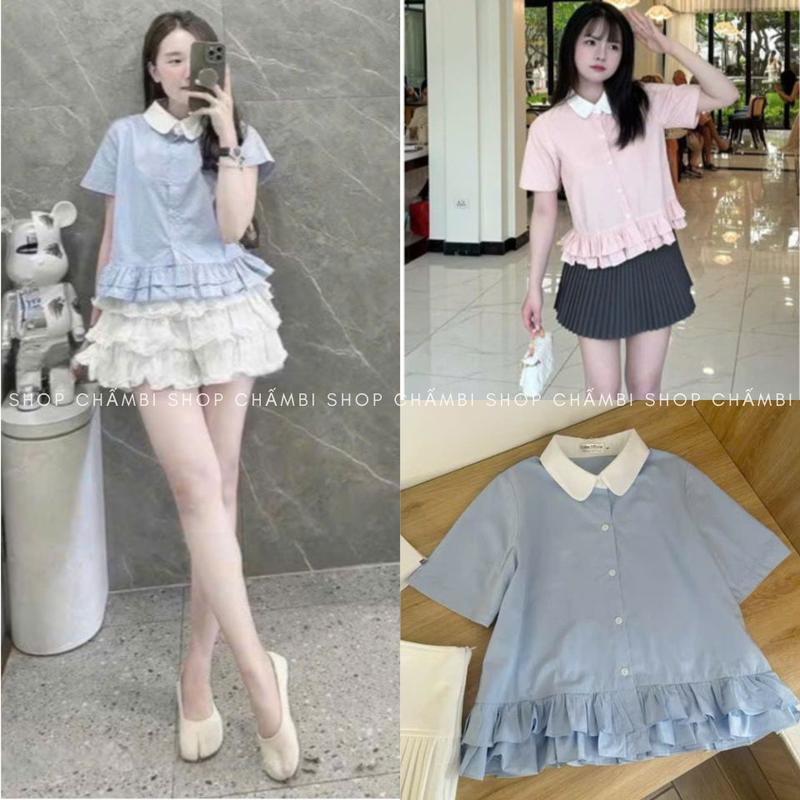 Áo sơ mi nữ A.752, Áo sơ mi cổ sen trắng tay ngắn dáng lửng phối vạt xếp ly basic, dễ phối đồ - Shop Chấm Bi