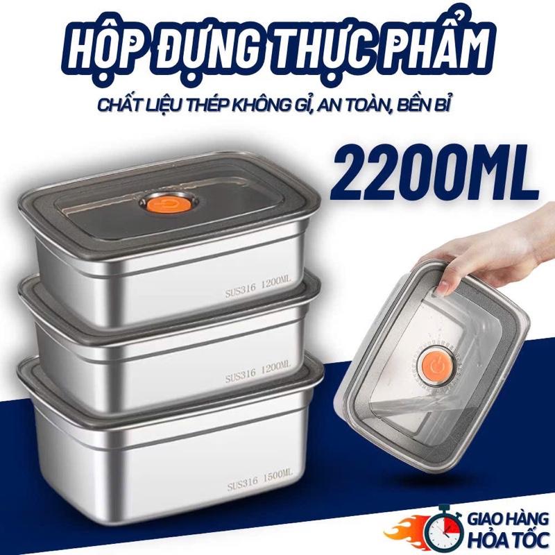 Combo 5 hộp 2200ml inox loại 1 có nắp đậy hút chân không khay đựng đồ để tủ lạnh ngăn mùi tiện lợi