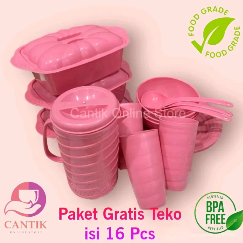 Prasmanan set isi 16 Pcs (3 Basi segi+3 Piring Makan+3 Mangkok+3 Gelas Ulir) Free Teko ulir BONUS 3 pcs Centong sayur Plastik 0