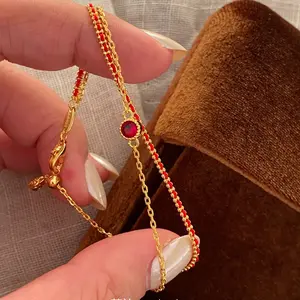 Lunestar Gelang Tali Merah Kepang Ruby untuk Wanita/Gelang Tali Merah Dua Lapis/Gelang Bertumpuk/Gelang Keberuntungan