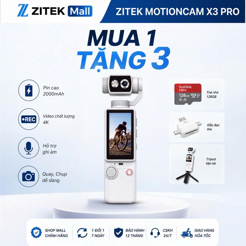 Zitek MotionCam X3 Pro 4K - Camera Quay Vlog Cầm Tay, Xoay 180°, Zoom In/Out, Quay Đêm Có Đèn Trợ Sáng, Màu Sắc Chân Thực