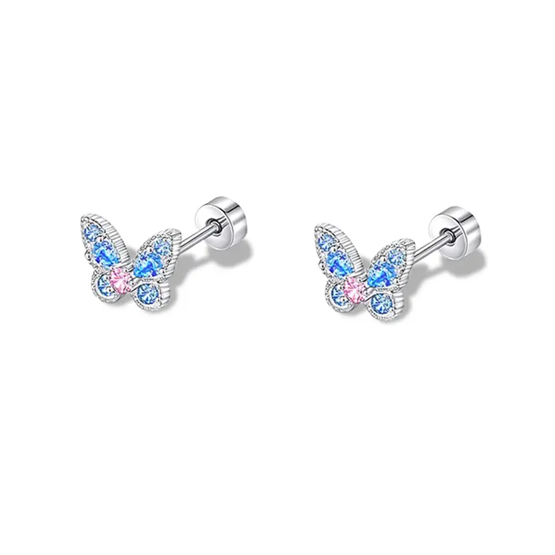925 Sterling Silver Butterfly Stud Earrings with Blue Zircon for Women Girls Daily Wear