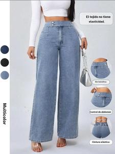 Jeans vintage elegantes de mujer de talle alto y pierna ancha, con cierre frontal de botones y cintura elástica, diseño liso, pantalones casuales de moda para todas las estaciones