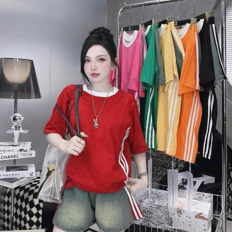 Bigsize 60 - 90kg Set Jean Nữ Phối Kẻ Sọc Áo Thun Tay Ngắn Quần Ngắn Chất Jean Tàu