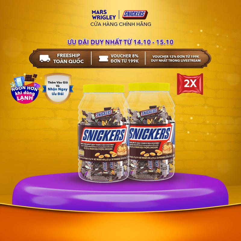 [Deal độc quyền] Combo 2 Hũ kẹo sô cô la nhân đậu phộng Snickers jar (38 thanh x 12g x 2 Hũ)