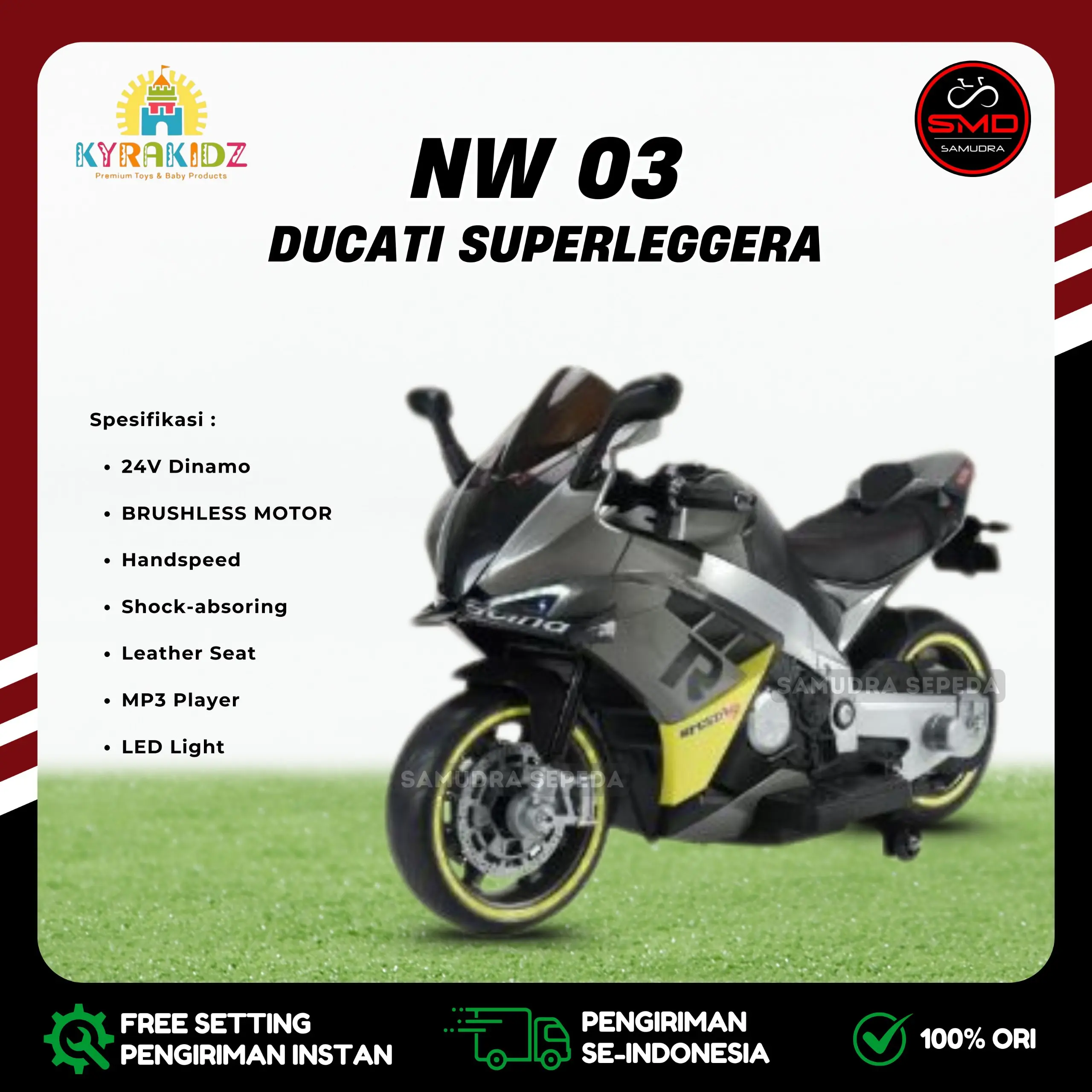 Motor Aki Mainan Anak Cas Merk Yukita 3188 Ninja R9 Sport 12V Ban Eva Gas Tangan Jok Kulit // Yukita 738 NINJA ZX250 // NW 03 Ducati Superleggera Ban Karet // SHP Volta 5059 Ninja Fighter GAS TANGAN / GAS KAKI Murah BDG