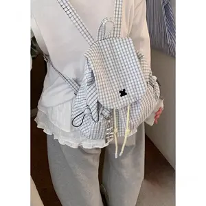 Tas Ransel Wanita Kotak-Kotak Kanvas Backpack Tas Sekolah Japanese Style Kasual Backpack muat ipad