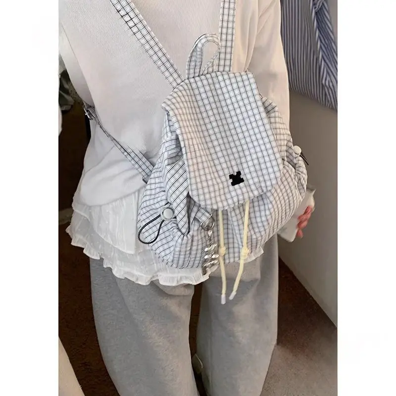 Tas Ransel Wanita Kotak-Kotak Kanvas Backpack Tas Sekolah Japanese Style Kasual Plaid Backpack muat ipad
