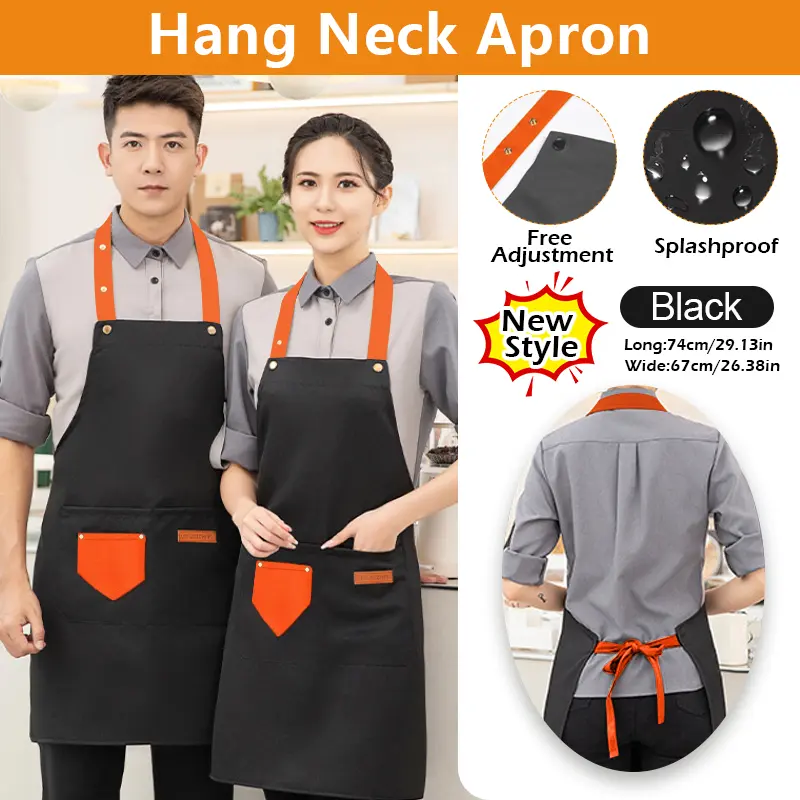 Chef Cooking Apron Cotton Waterproof Oilproof Apron With Front Pocket Kitchen Apron Hang Neck Apron Murah Black Apron Unisex Hang Neck Kitchen Apron Coffee Shop Apron Kitchen Apron Stain Water Resistance Adjustable Waist Size Cloth Cover Apron Dapur