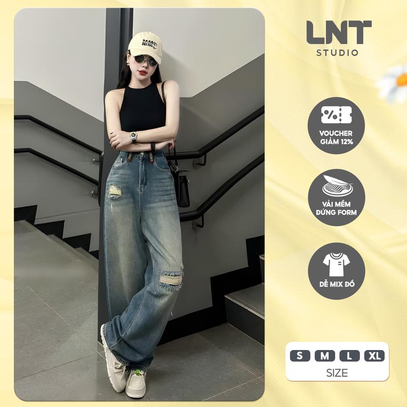 Quần Jean Nữ Dài 100cm Ống Suông Form Rộng Chất Bò Lưng Cao Màu Bụi Xanh Dơ tua Rách LNT Studio đủ size bigsize S-XXL Trước Sau Phong Cách Trẻ Trung Năng Động cá tính mặc đi chơi đi học