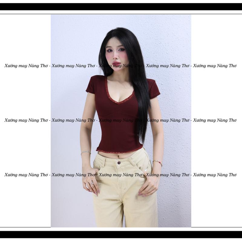 C735 Áo Ôm Body Cổ Tim Y2K Phối Viền Ren Chất Thun Cotton Mịn