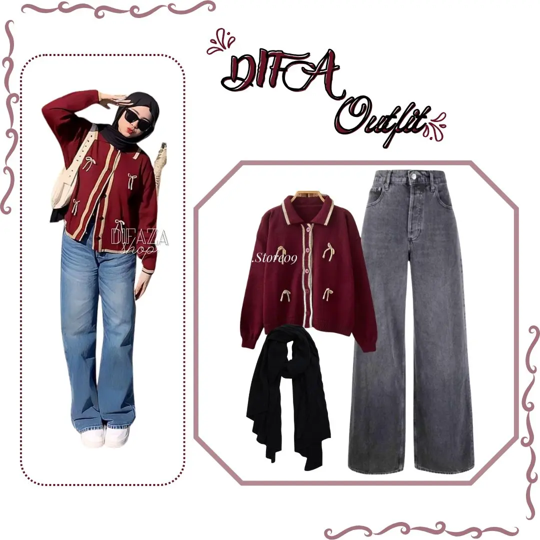 DF 535 - outfit difa pashmina jersey hitam cardigan knit keiko maroon dan kulot jeans snowblack oneset 3in1 wanita korean style