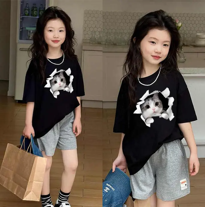 MMX STORE |T5160| anak kucing Korea Kaus Musim Panas Anak-anak Lucu Kaus Katun Trendi Katun Cetak Kartun Longgar Kasual Leher Bulat Hitam dan Putih Lengan Pendek Anak-anak untuk Anak Laki-laki dan Perempuan