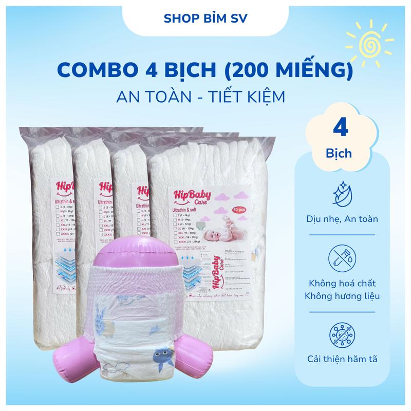 Combo 4 bịch 200 miếng bỉm Quần/Dán Hipbaby  phiên bản nâng cấp mềm mại dịu êm cho bé